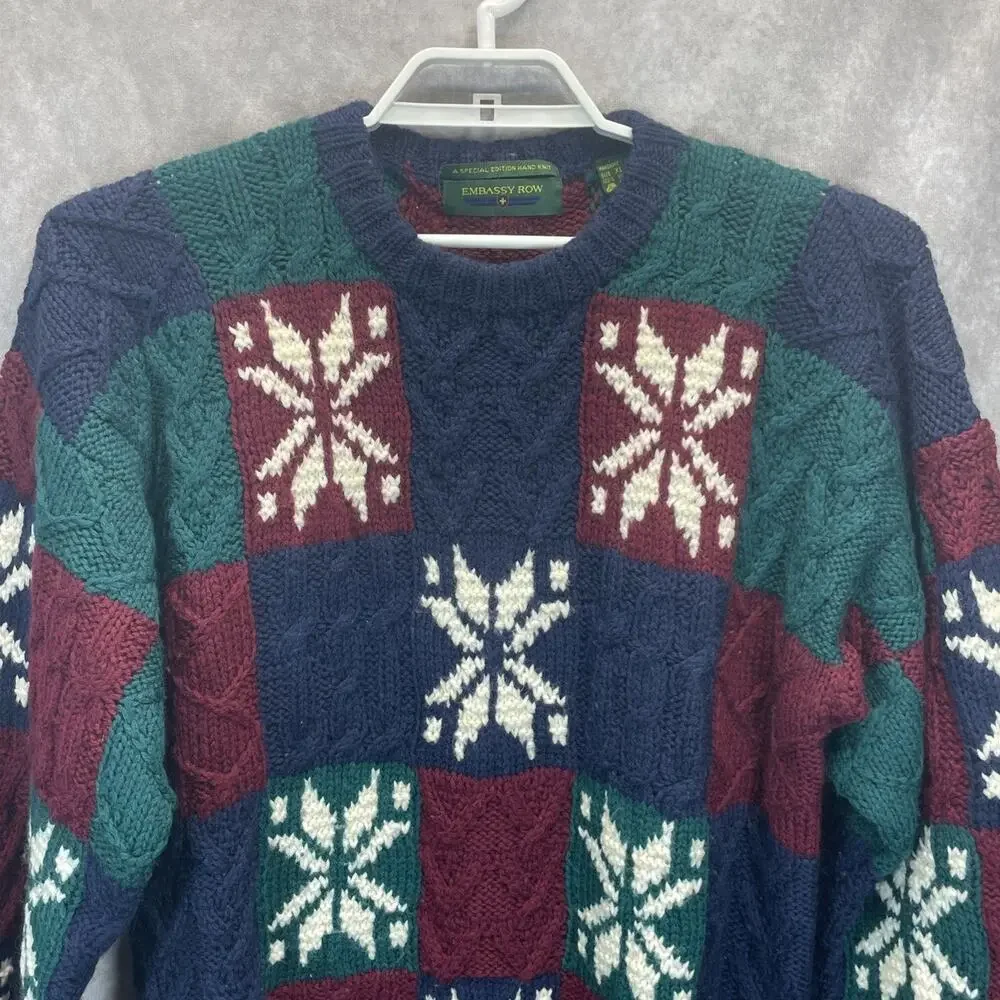 Vtg Embassy Row XL Blue Green Red Wool Sweater Color Block Cable Knit Crew Men's